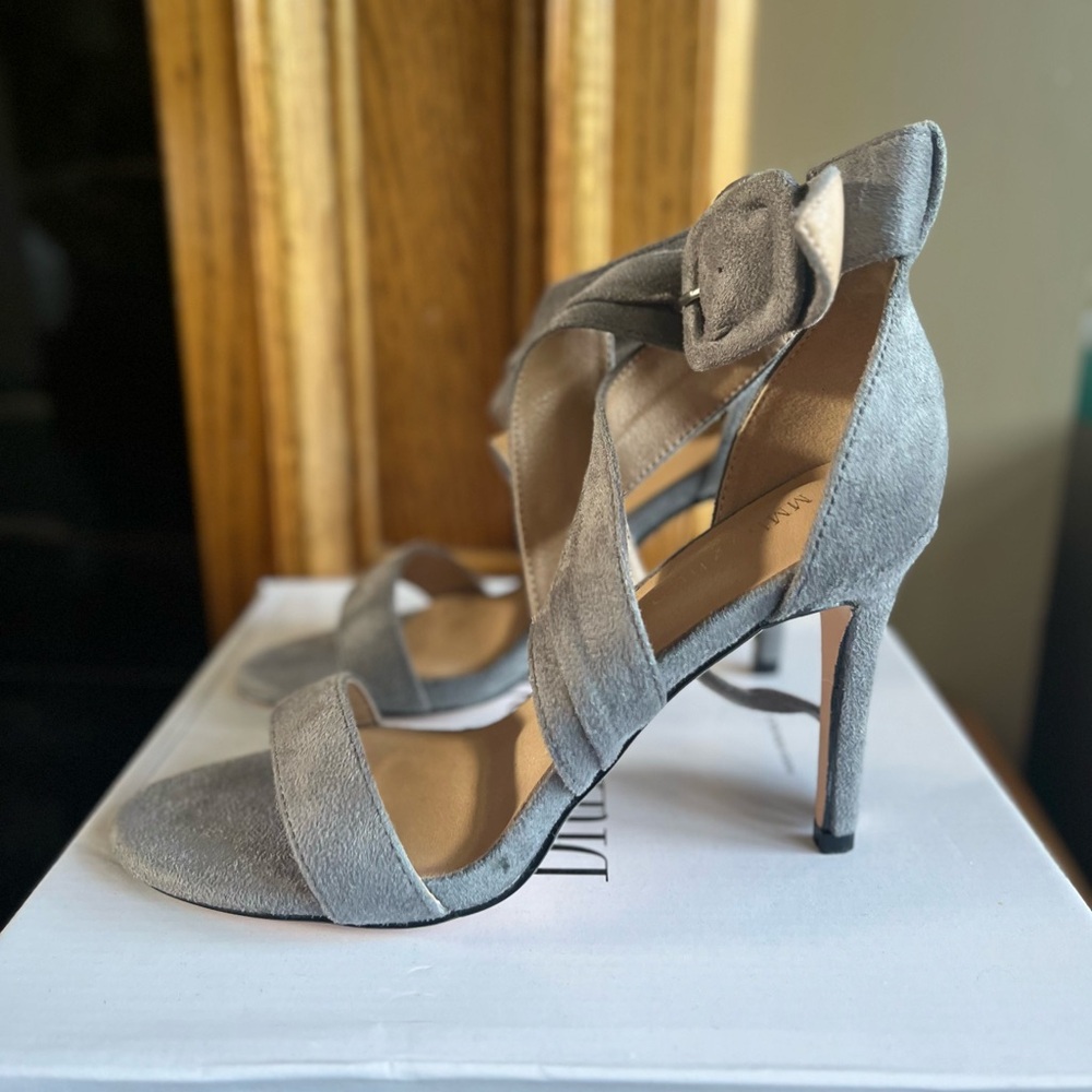 Gray Medium Suede Heel Sandals with Ankle Strap - Picture 2 of 5